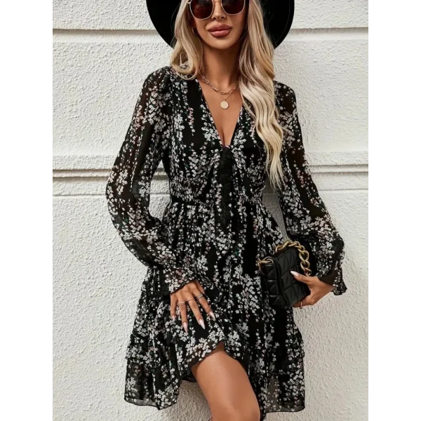 Kadın Uzun Kollu V Yakalı Fırfırlı Ve Bağcıklı şifon Mini Elbise