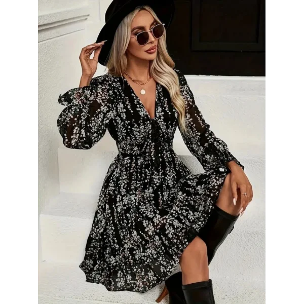 Kadın Uzun Kollu V Yakalı Fırfırlı Ve Bağcıklı şifon Mini Elbise