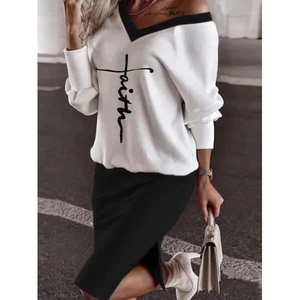 Kadın Uzun Kollu V Yakalı Iki Iplik Bluz Ve şardonlu Kaşkorse Etek Ikili Takım