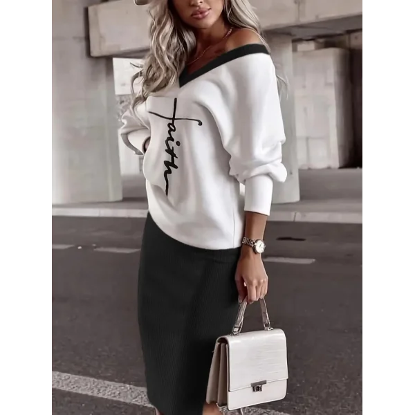 Kadın Uzun Kollu V Yakalı Iki Iplik Bluz Ve şardonlu Kaşkorse Etek Ikili Takım