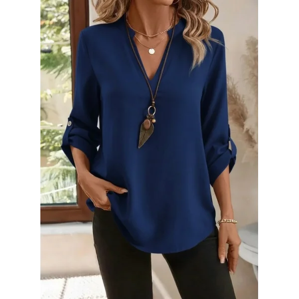 Kadın Uzun Kollu V Yakalı Ithal Krep Lacivert Bluz