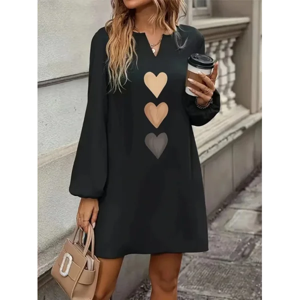 Kadın Uzun Kollu V Yakalı Kalp Desenli Mini Ithal Krep Elbise