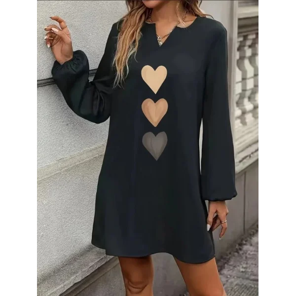 Kadın Uzun Kollu V Yakalı Kalp Desenli Mini Ithal Krep Elbise