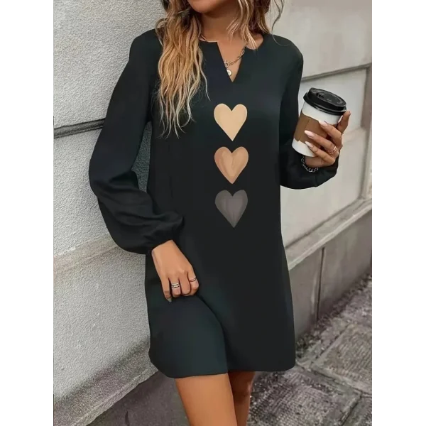 Kadın Uzun Kollu V Yakalı Kalp Desenli Mini Ithal Krep Elbise