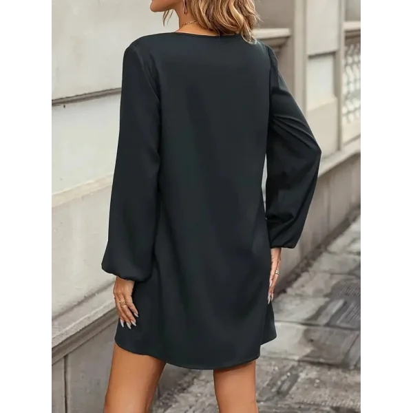 Kadın Uzun Kollu V Yakalı Kalp Desenli Mini Ithal Krep Elbise