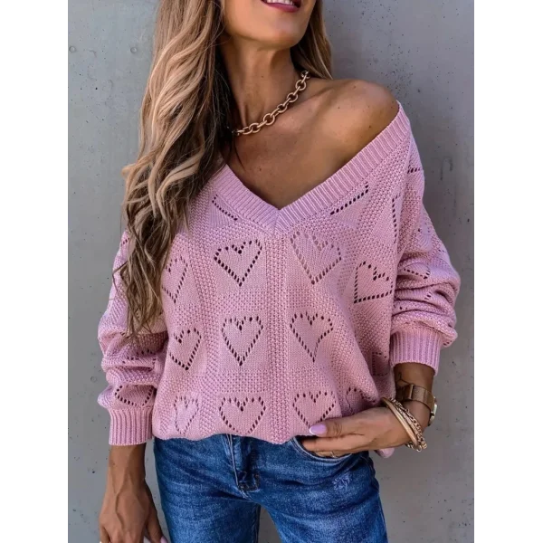 Kadın Uzun Kollu V Yakalı Kalpli Salaş Triko Bluz