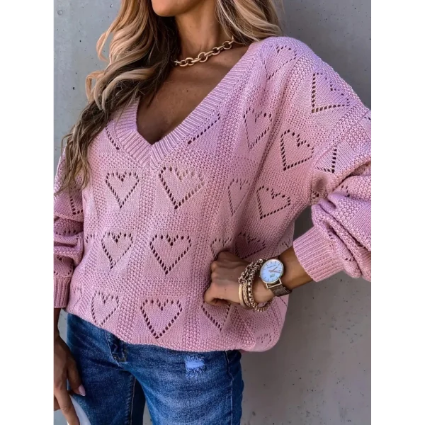 Kadın Uzun Kollu V Yakalı Kalpli Salaş Triko Bluz