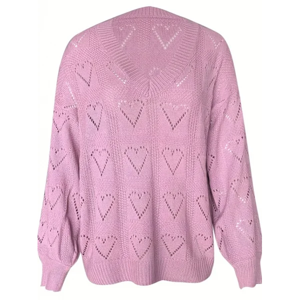 Kadın Uzun Kollu V Yakalı Kalpli Salaş Triko Bluz