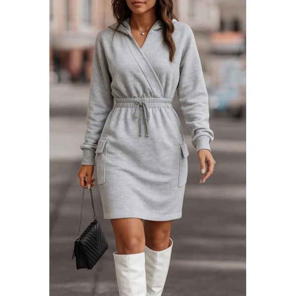 Kadın Uzun Kollu V Yakalı Kapşonlu Cep Detaylı şardonlu Iki Iplik Kısa Elbise