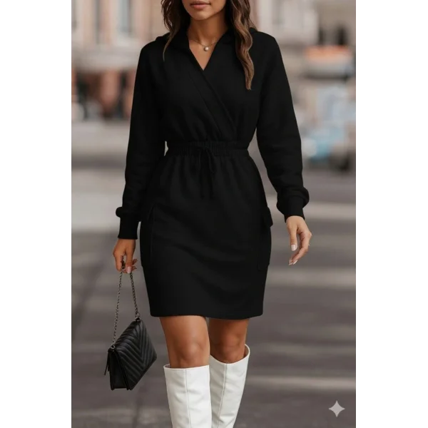 Kadın Uzun Kollu V Yakalı Kapşonlu Cep Detaylı şardonlu Iki Iplik Kısa Elbise