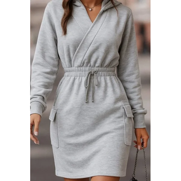 Kadın Uzun Kollu V Yakalı Kapşonlu Cep Detaylı şardonlu Iki Iplik Kısa Elbise