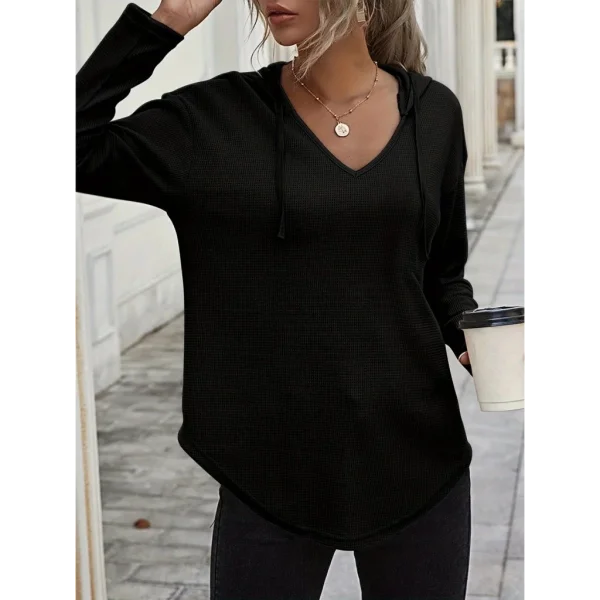 Kadın Uzun Kollu V Yakalı Kapşonlu Waffle Bluz