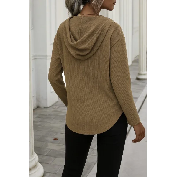 Kadın Uzun Kollu V Yakalı Kapşonlu Waffle Bluz