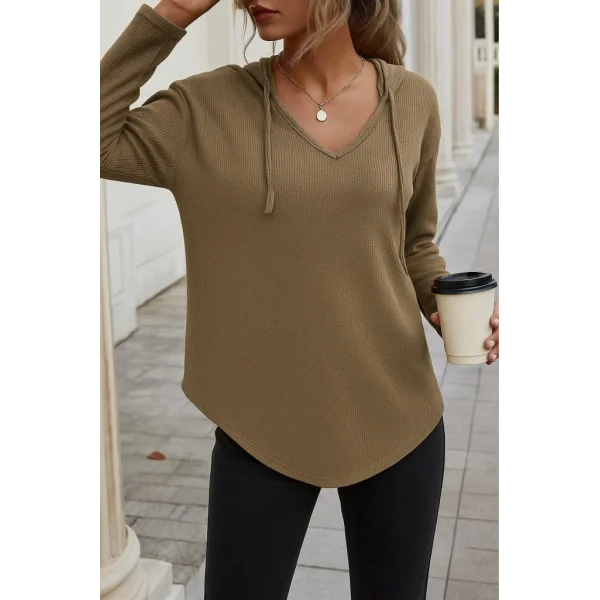 Kadın Uzun Kollu V Yakalı Kapşonlu Waffle Bluz