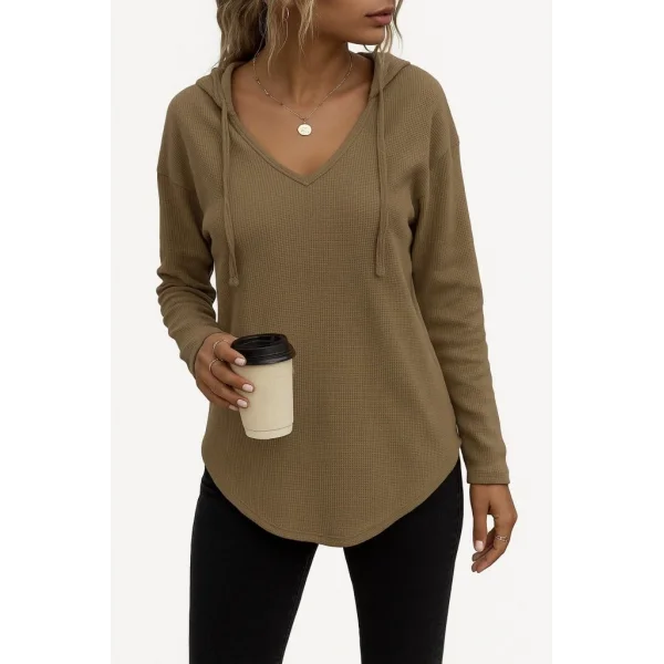 Kadın Uzun Kollu V Yakalı Kapşonlu Waffle Bluz