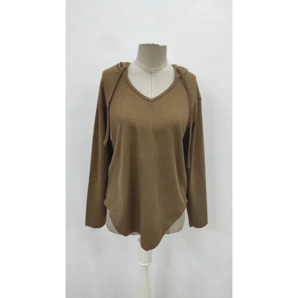 Kadın Uzun Kollu V Yakalı Kapşonlu Waffle Bluz