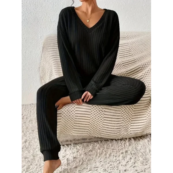 Kadın Uzun Kollu V Yakalı Kaşkorse Bluz Ve Pantolon Ikili Takım