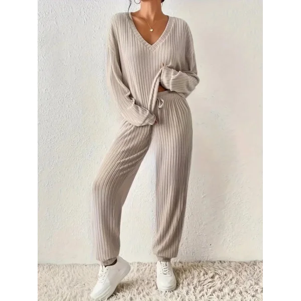 Kadın Uzun Kollu V Yakalı Kaşkorse Bluz Ve Pantolon Ikili Takım