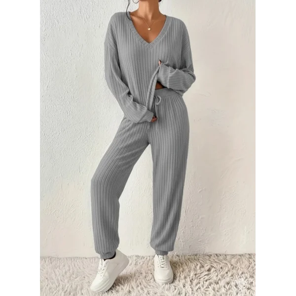 Kadın Uzun Kollu V Yakalı Kaşkorse Bluz Ve Pantolon Ikili Takım