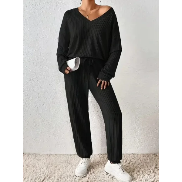 Kadın Uzun Kollu V Yakalı Kaşkorse Bluz Ve Pantolon Ikili Takım