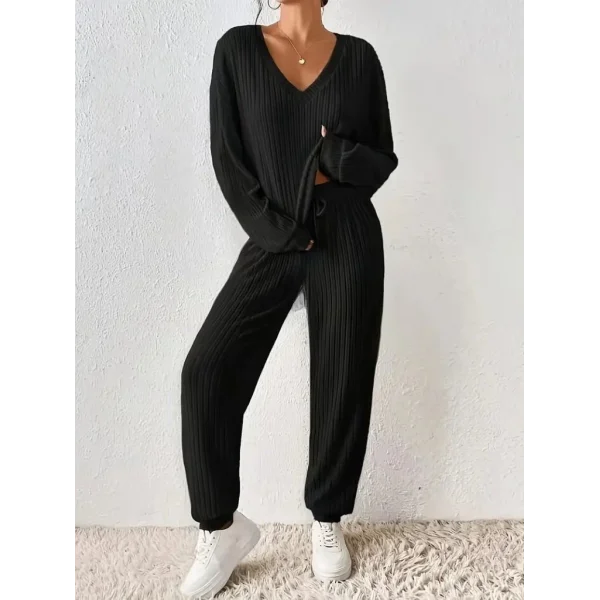 Kadın Uzun Kollu V Yakalı Kaşkorse Bluz Ve Pantolon Ikili Takım