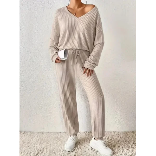 Kadın Uzun Kollu V Yakalı Kaşkorse Bluz Ve Pantolon Ikili Takım