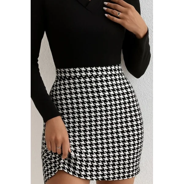 Kadın Uzun Kollu V Yakalı Kaz Ayağı Desenli şardonlu Dalgıç Elbise