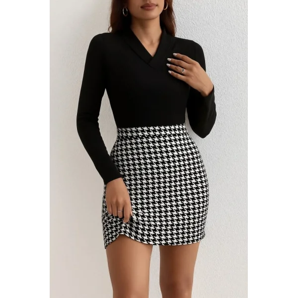 Kadın Uzun Kollu V Yakalı Kaz Ayağı Desenli şardonlu Dalgıç Elbise