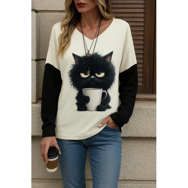 Kadın Uzun Kollu V Yakalı Kedi Baskılı şardonlu Dalgıç Bluz