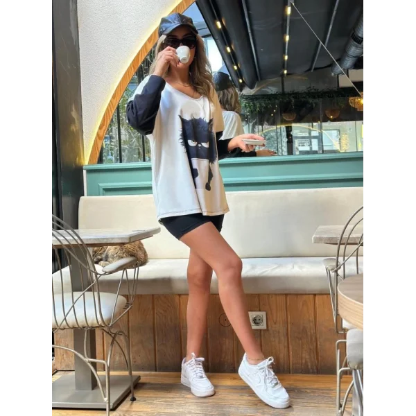 Kadın Uzun Kollu V Yakalı Kedi Baskılı şardonlu Dalgıç Bluz