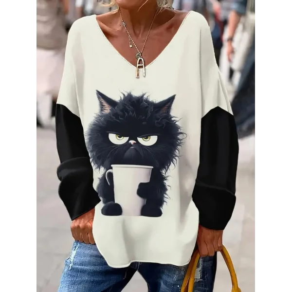 Kadın Uzun Kollu V Yakalı Kedi Baskılı şardonlu Dalgıç Bluz