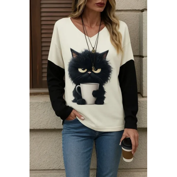 Kadın Uzun Kollu V Yakalı Kedi Baskılı şardonlu Dalgıç Bluz