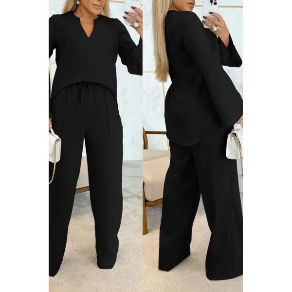 Kadın Uzun Kollu V Yakalı Keten Bluz Bağcıklı Pantolon Ikili Takım