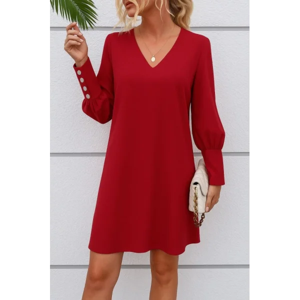 Kadın Uzun Kollu V Yakalı Kısa Ithal Krep Elbise