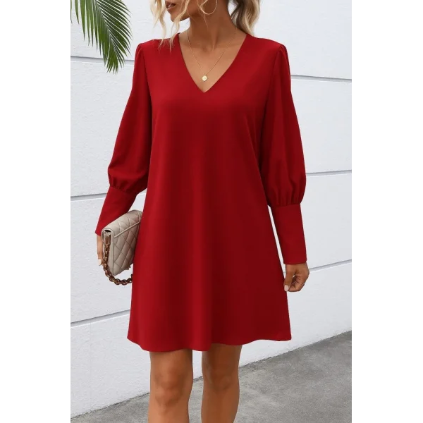 Kadın Uzun Kollu V Yakalı Kısa Ithal Krep Elbise