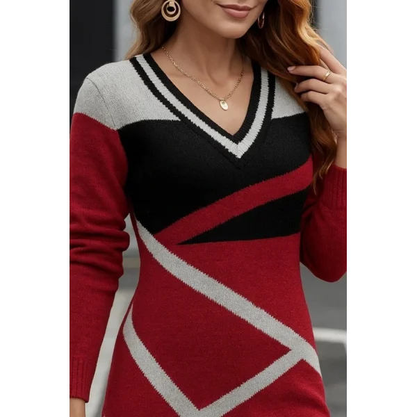 Kadın Uzun Kollu V Yakalı Kısa Triko Elbise