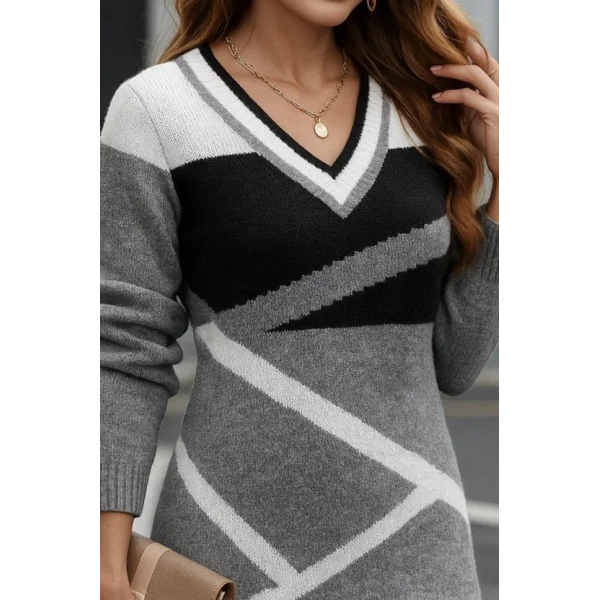 Kadın Uzun Kollu V Yakalı Kısa Triko Elbise