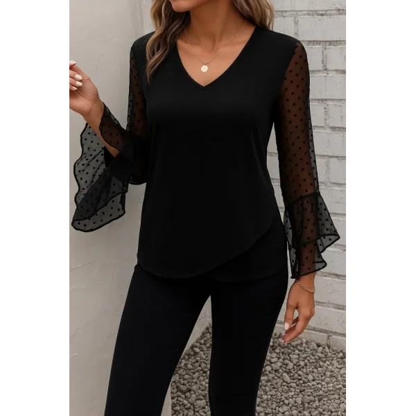 Kadın Uzun Kollu V Yakalı Kolları Ispanyol Detayı Sandy Bluz