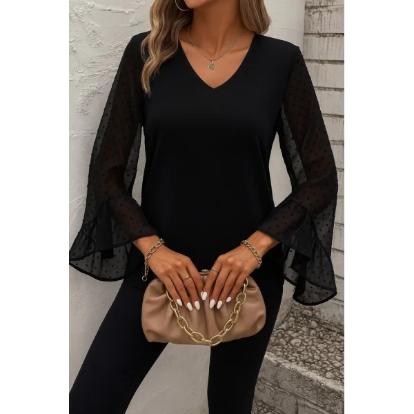 Kadın Uzun Kollu V Yakalı Kolları Ispanyol Detayı Sandy Bluz