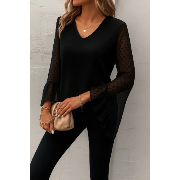 Kadın Uzun Kollu V Yakalı Kolları Ispanyol Detayı Sandy Bluz