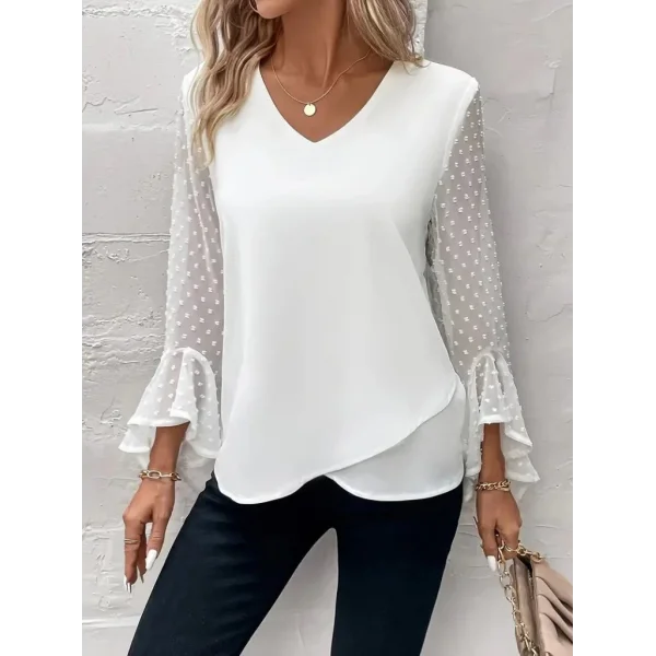 Kadın Uzun Kollu V Yakalı Kolları Ispanyol Detayı Sandy Bluz