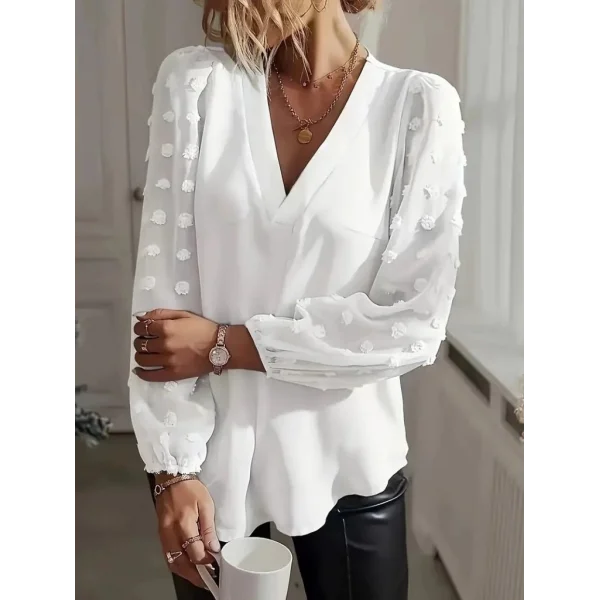 Kadın Uzun Kollu V Yakalı Kolları Popon Detaylı Sandy Bluz