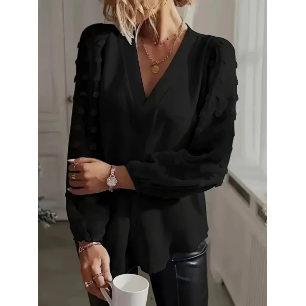 Kadın Uzun Kollu V Yakalı Kolları Popon Detaylı Sandy Bluz