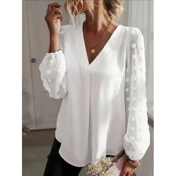 Kadın Uzun Kollu V Yakalı Kolları Popon Detaylı Sandy Bluz