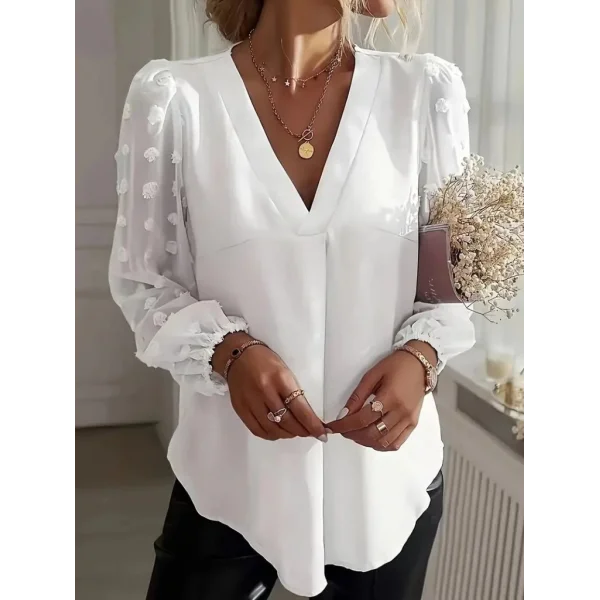 Kadın Uzun Kollu V Yakalı Kolları Popon Detaylı Sandy Bluz