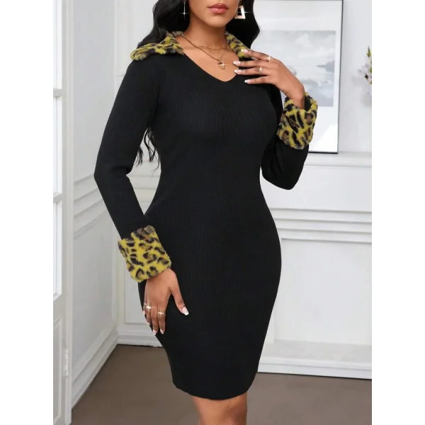 Kadın Uzun Kollu V Yakalı Kürk Detaylı Kaşkorse Elbise