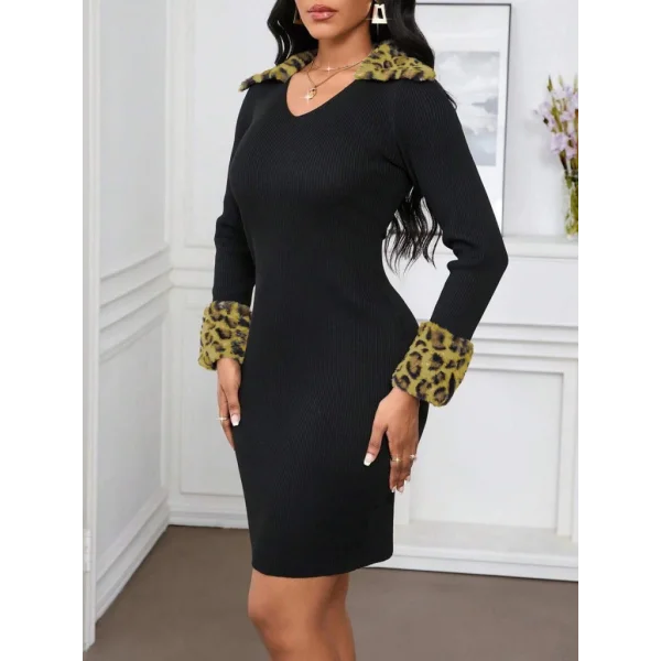 Kadın Uzun Kollu V Yakalı Kürk Detaylı Kaşkorse Elbise