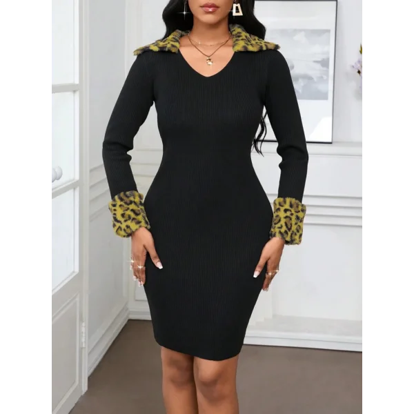 Kadın Uzun Kollu V Yakalı Kürk Detaylı Kaşkorse Elbise