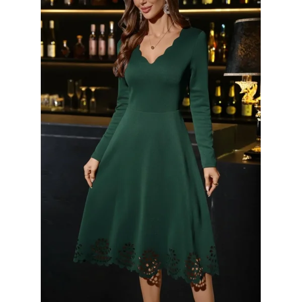 Kadın Uzun Kollu V Yakalı Lazer Kesim Detaylı Midi Ithal Krep Elbise