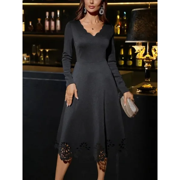 Kadın Uzun Kollu V Yakalı Lazer Kesim Detaylı Midi Ithal Krep Elbise